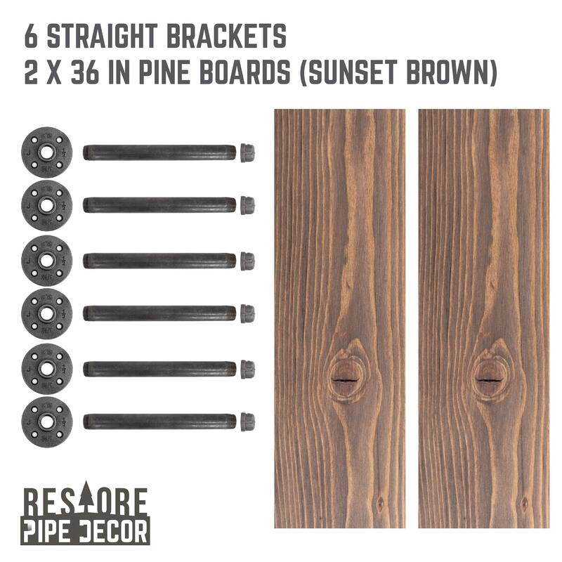 Restore Wood 36 in. Wall Shelf Straight Steel Pipe Brackets, Set of 2