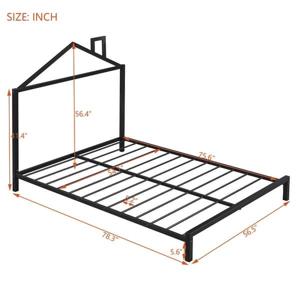 dimension image slide 2 of 3, Full Size Metal Platform Bed with House-Shaped Headboard for Kids