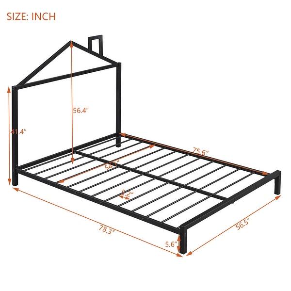 dimension image slide 4 of 6, Metal Platform Bed with House-Shaped Headboard Design