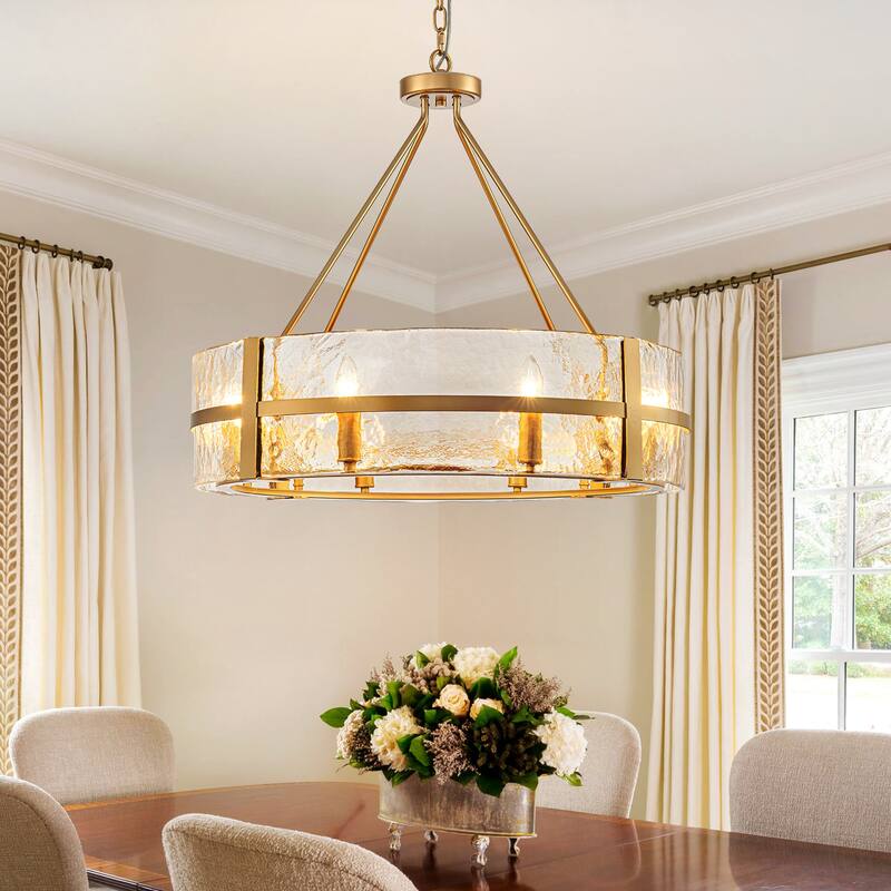 Dimmable Large Drum Glass Chandelier for Dining Room High Ceiling Living Room - Gold - W27.95"