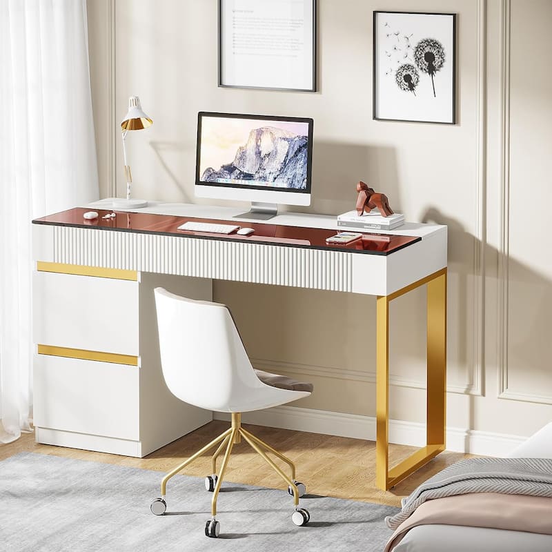 47 Inch Modern Computer Desk with 4 Drawers, Home Office Desk with Glass Top, Makeup Vanity Table