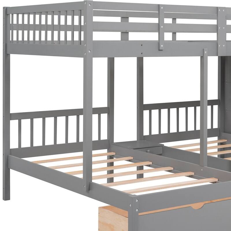 HomeRoots Gray Full Over Two Twins Solid Wood Bunk Bed With Stairs Drawers And Storage