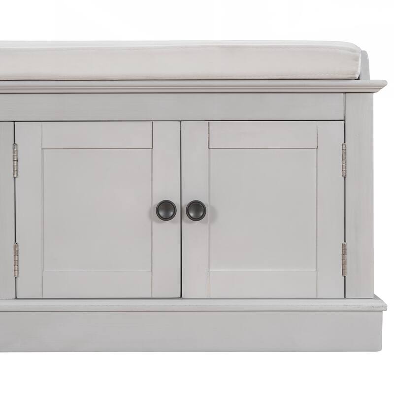 Storage Bench with 4 Doors and Adjustable Shelves, Shoe Bench with Removable Cushion for Living Room, Entryway