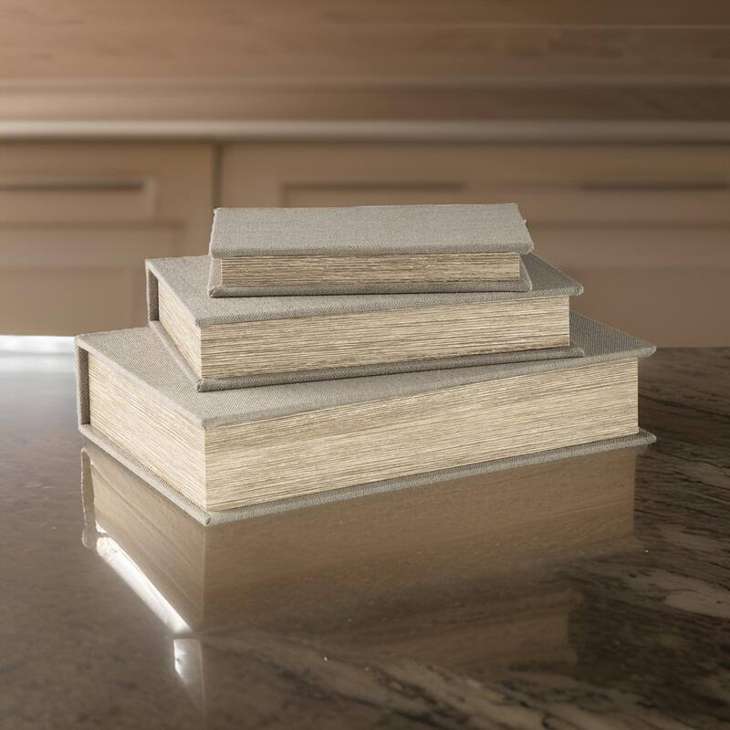 Jolly Decor Storage Book Box Set of 3, Beige Linen, Black Velvet Lining