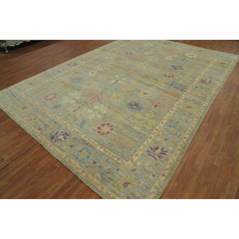 Hand Knotted Oriental 100% Wool Carpet Transitional All-Over Greys & Charcoal Oushak Area Rug - 14' 0'' X 10' 0''
