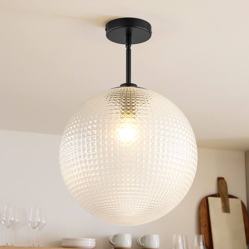 1-Light Modern Black/Gold Grid Textured Glass Pendant Kitchen Island Lights