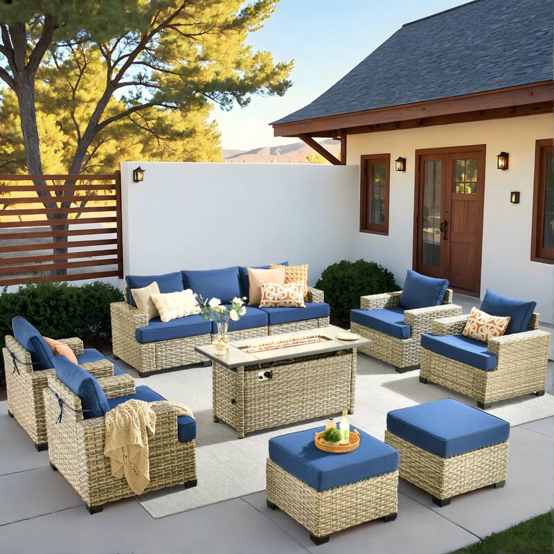 HOOOWOOO 10-piece Outdoor Wicker Wide Arm Patio Furniture Set with Fire Pit - Navy Blue