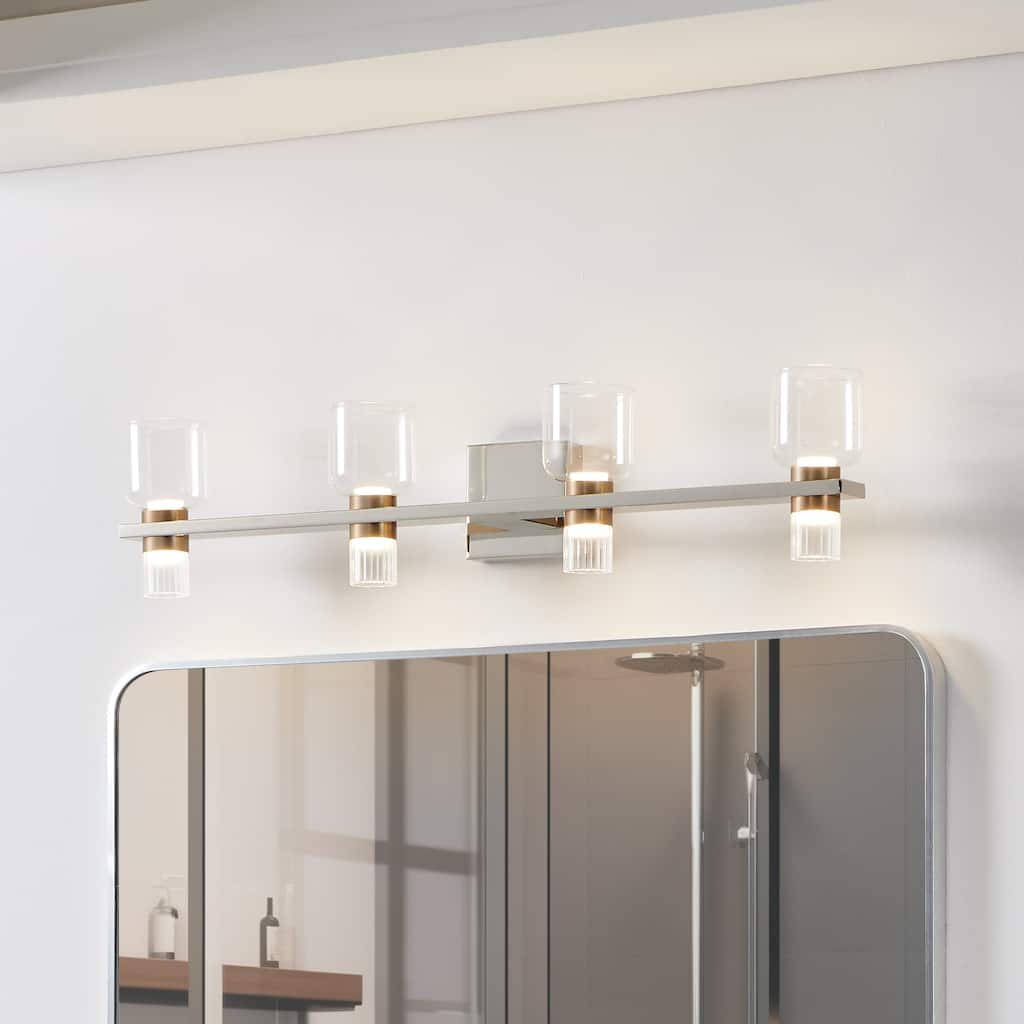 Thesis Amelia 34-inch 8-light Polished Nickel and Champagne Gold 5CCT LED Vanity Light with Clear and Clear Ribbed Glass