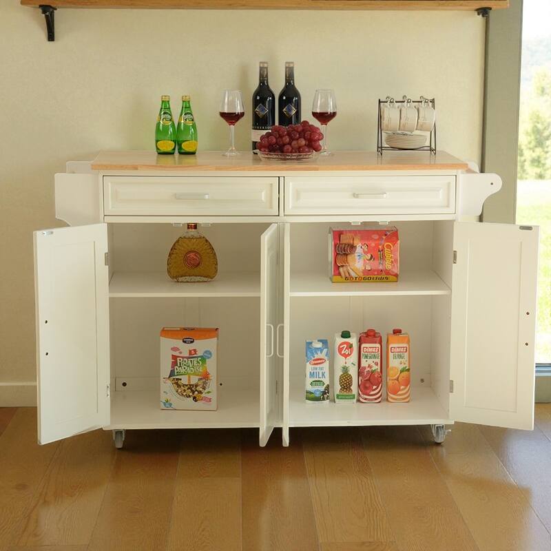 54" Mobile Kitchen Island Cart with Rubber Wood Top, 2 Drawers, Adjustable Shelves, Towel & Spice Racks on Wheels