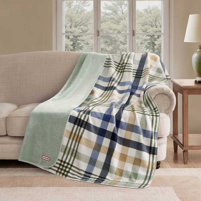 Hunter Reversible Plaid Plush Throw Blankets - 50" x 70" - Sea Foam