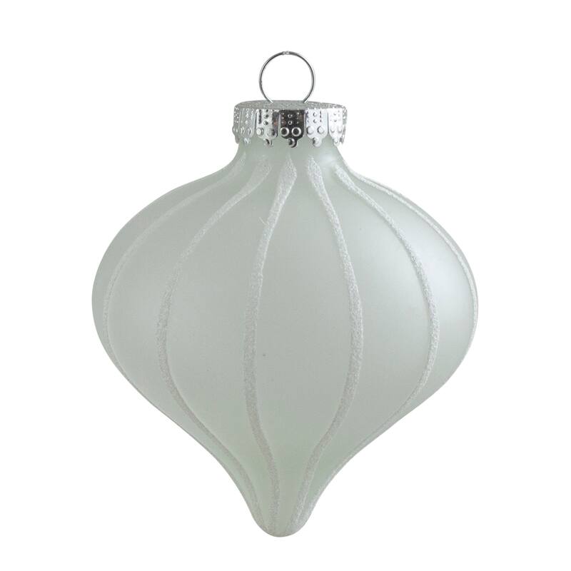 3ct White Matte Stripes Glass Christmas Onion Drop Ornament 3.25"