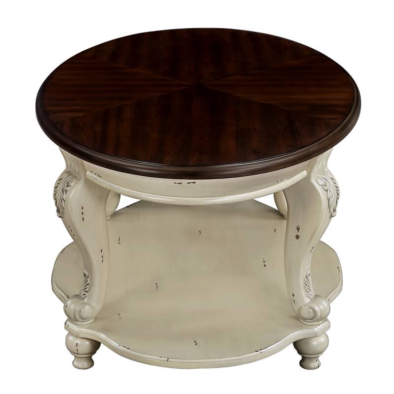Solid Wood Round Side Table with Shelf,22'' End Table with Distreesed