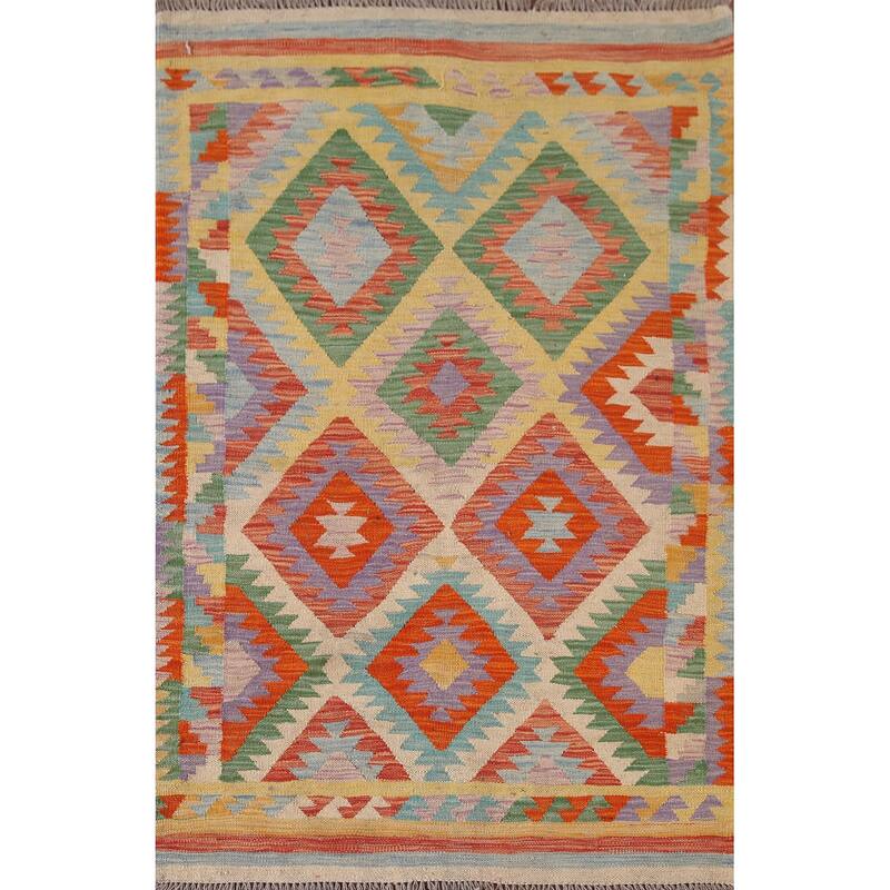 Multicolor Kilim Oriental Accent Rug Flatweave Wool Carpet - 3'4"x 5'3"