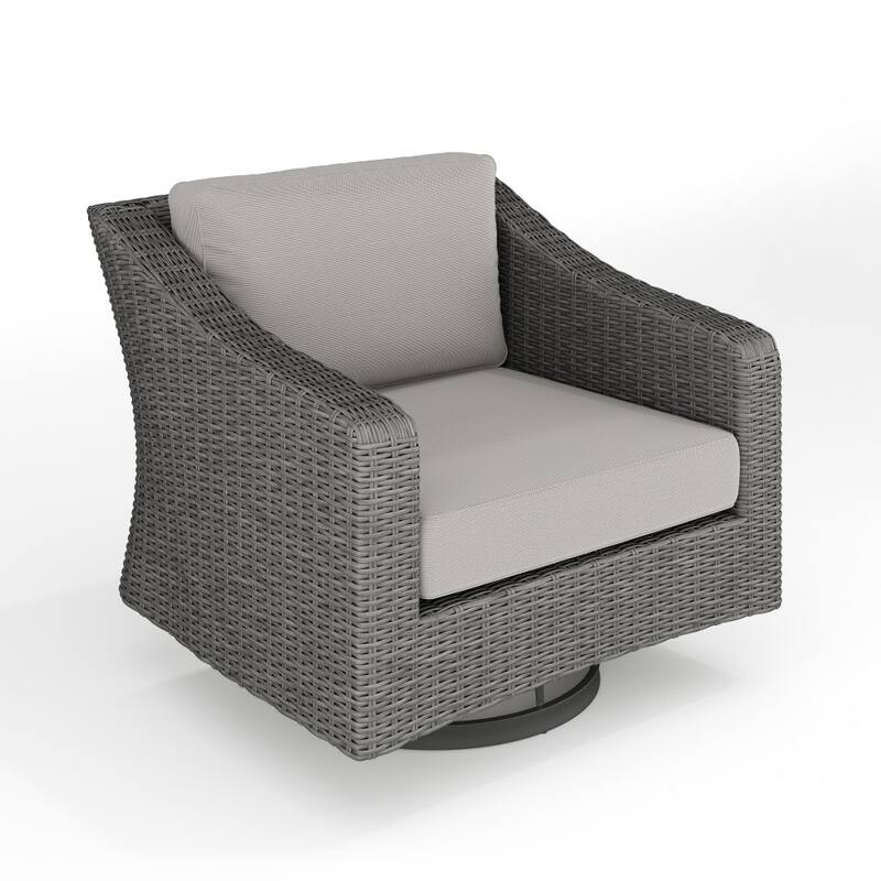 Martha Stewart Outdoor Rattan Wicker Swivel Chair with All-Weather Cushions - 34"D x 32"W x 30"H - Gray Cushions/Gray Frame