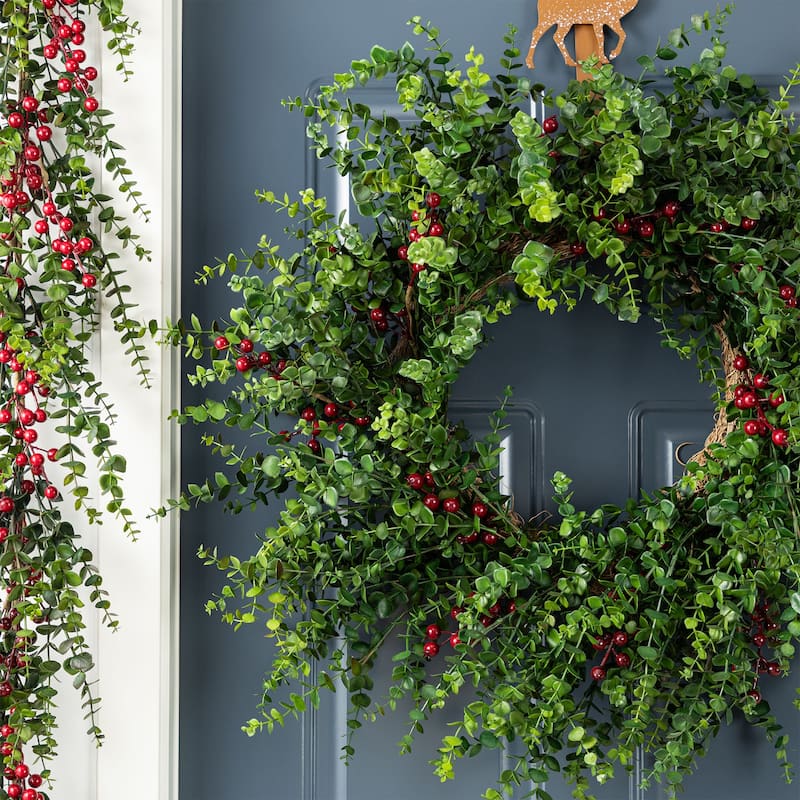 Glitzhome 9ft/6ft Christmas Greenery PE Dripping Eucalyptus Garland & 28"D Wreath with Red Berries