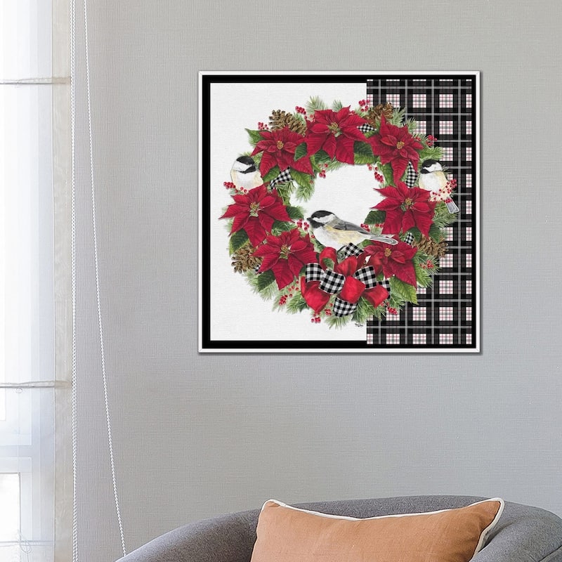 iCanvas "Chickadee Christmas Red V - Wreath" by Tara Reed Framed