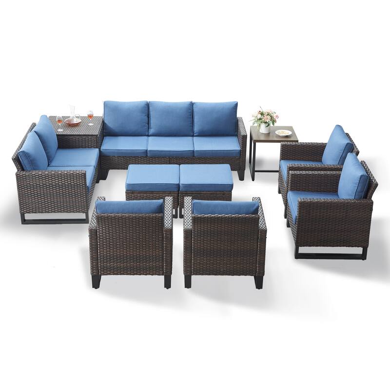 Gymojoy 9-11 Person All-Weather Wicker Outdoor Conversation Set Seating Group With lounge Chairs And Ottomans