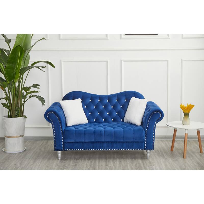 Velvet Rolled Arm Chesterfield Loveseat - Blue