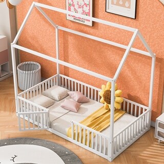 Twin Size Metal House Bed With Fence And Door,A Better Space To Child