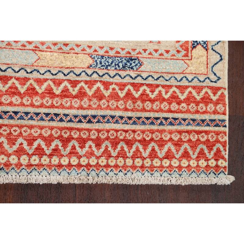Vegetable Dye Tribal Geometric Kazak Area Rug Hand-knotted Wool Carpet - 4'0" x 5'7"