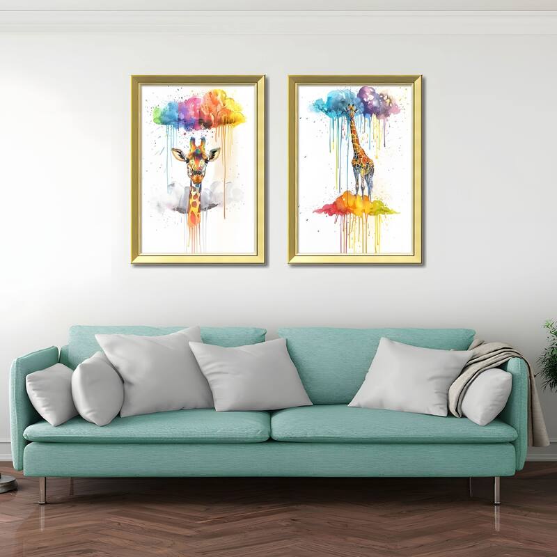 Set of 3 Colorful Giraffe Framed Wall Art - Replaceable Canvas Prints with Solid Wood Picture Frames, Creative Animal