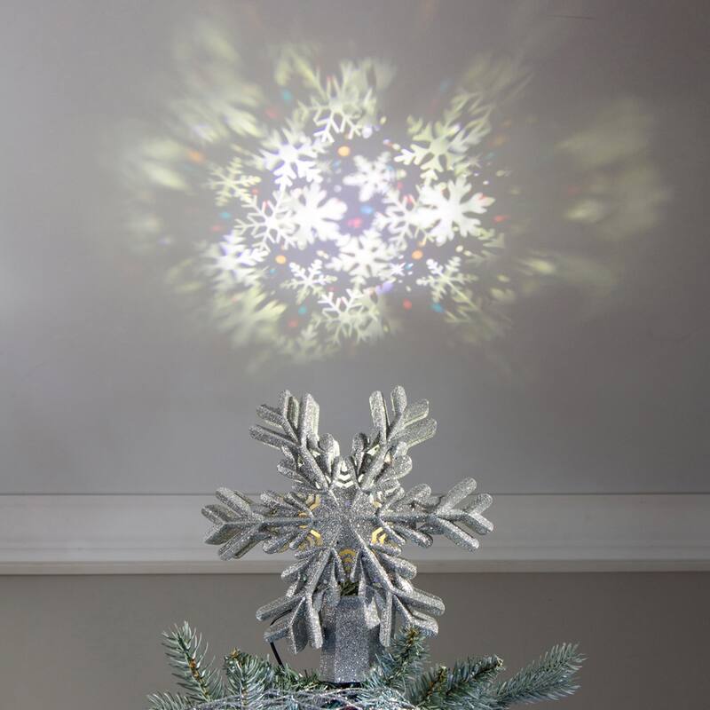 LED Silver Glitter Snowflake Tree Topper with Projected Icons