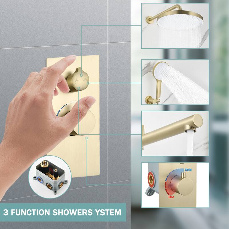 Luxury 3-Function Shower System Set - Solid Brass Control Valve, 10" Overhead Shower, 3-Spray Handheld