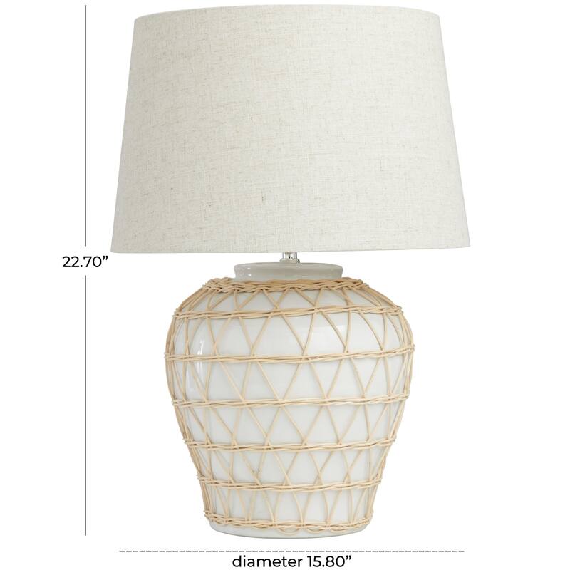 Ceramic Geometric Woven Rattan Room Table Lamp with Linen Shade - White - Roche River Decor