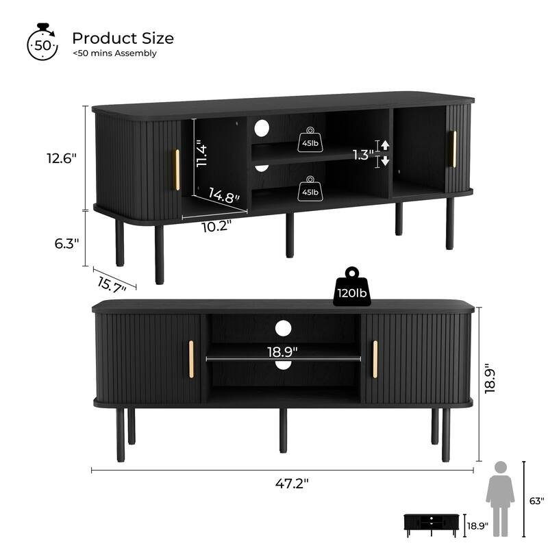 Mid-Century Modern Media Console, Tambour TV Stand with Storage Cabinet and Shelf