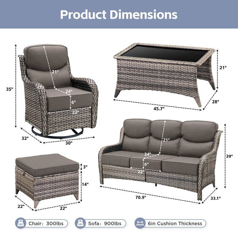 Arcadia 8-Piece Wicker Patio Conversation Set with Swivel Gliders and 6-Inch Thick Olefin Cushions