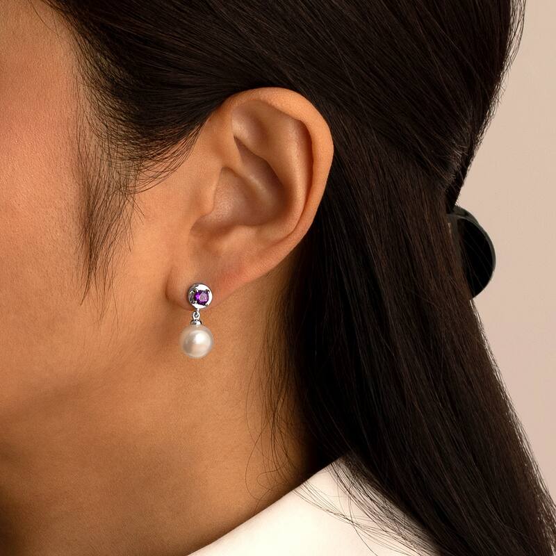 Freshwater Pearl and Amethyst Birthstone Sterling Silver Drop Earrings
