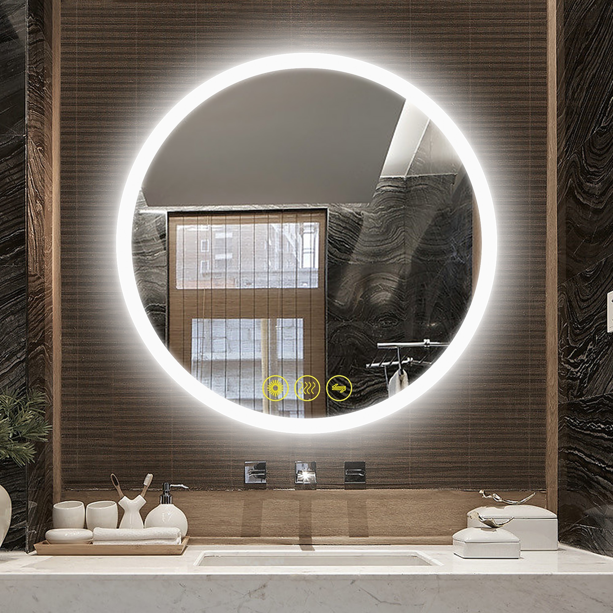 SmartReflect Modern 32" Round LED Dimmable Anti-Fog Frameless Bathroom Vanity Mirror - Clear