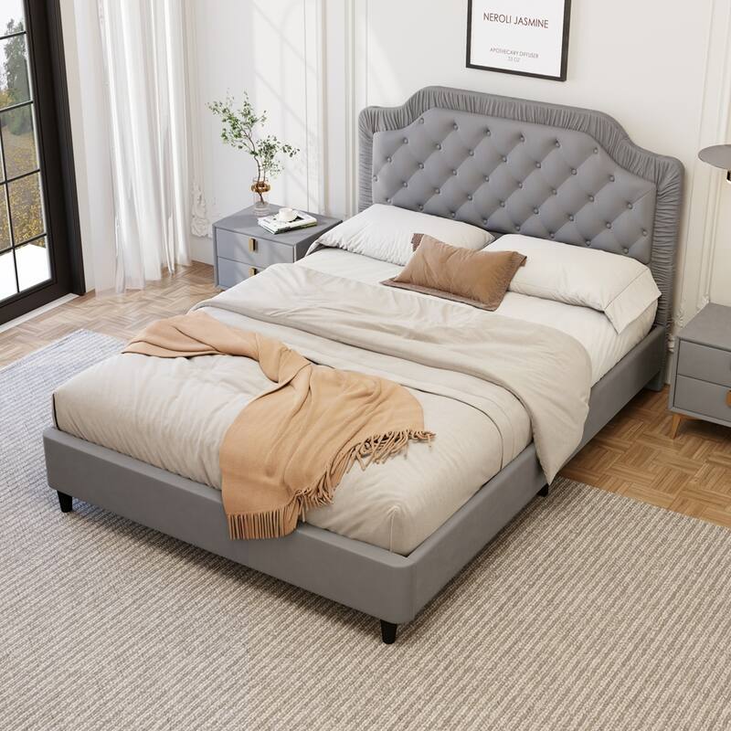 Upholstered Bed with Ruched and Button Tufted Headboard - Gray - Full
