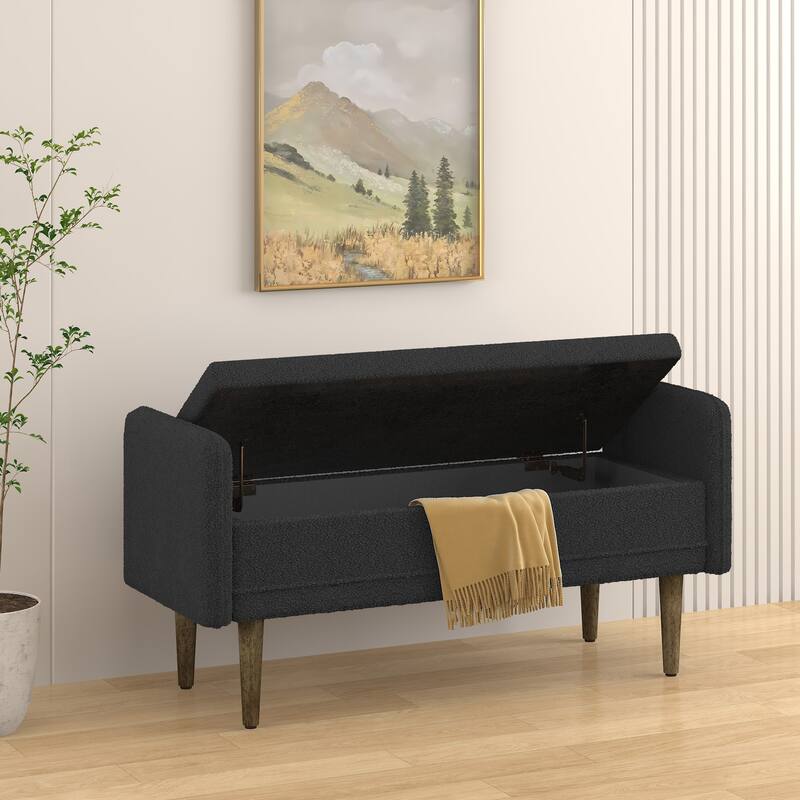 Teddy velvet storage stool, ,with storage space, suitable for apartments, living rooms and bedrooms-BLACK(45.98"*16.75"*21.75")
