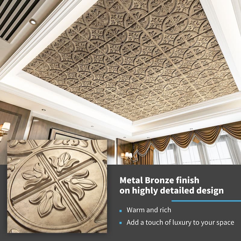 Art3d 2x2 ft PVC Ceiling Tile, Drop Ceiling Tiles,Fancy Classic Style in Antique Gold(12pcs)