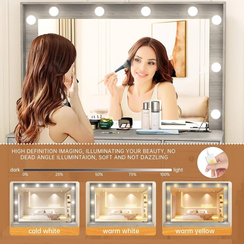 43.3'' Wide Makeup Vanity Dressing Table with Adjustable Lighted Mirror and Stool, Power Outlet