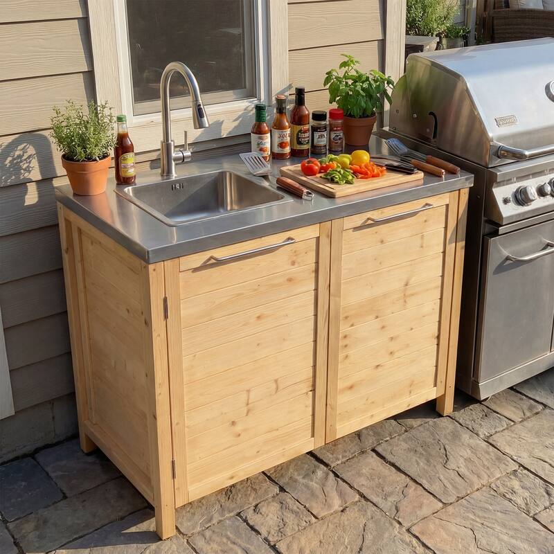 Modular Outdoor Kitchen Island Set, 100% Solid Wood BBQ Cabinet , Patio Kitchen Bar Table