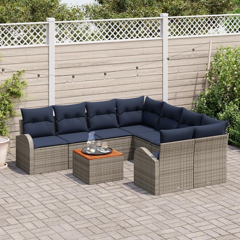 vidaXL 9 Garden Sofa Set with Cushions Black/Grey Poly Rattan - 92.1 x 92.1 x 27.2