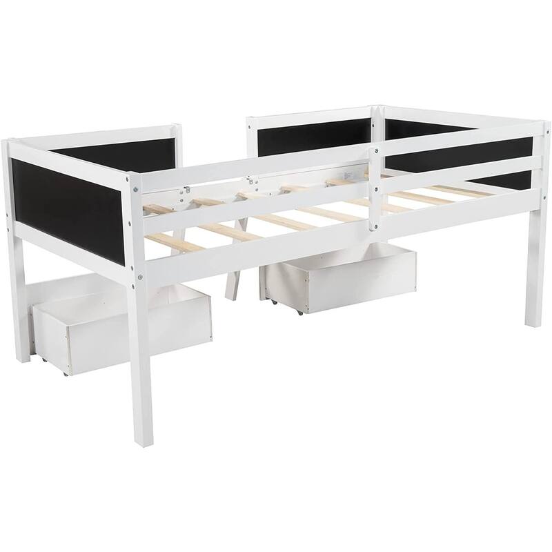 Twin Size Wood Loft Bed with 2 Storage Drawers & Chalkboard