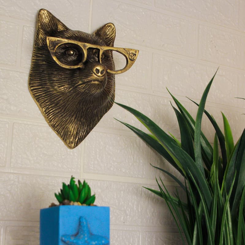Gold Fox Head Wall Hanging With Spectacles Whimsical Animal Decor,