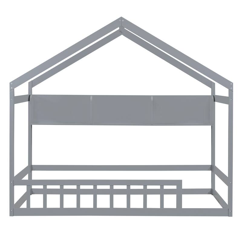 Wooden Twin Size House Bed with Storage Shelf,Kids Bed with Fence and Roof