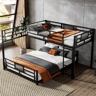 Metal Twin over Full Size Bed Frame, L-shaped Bunk Bed with Full Length Guardrail and Ladder for Children, Boys and Girls