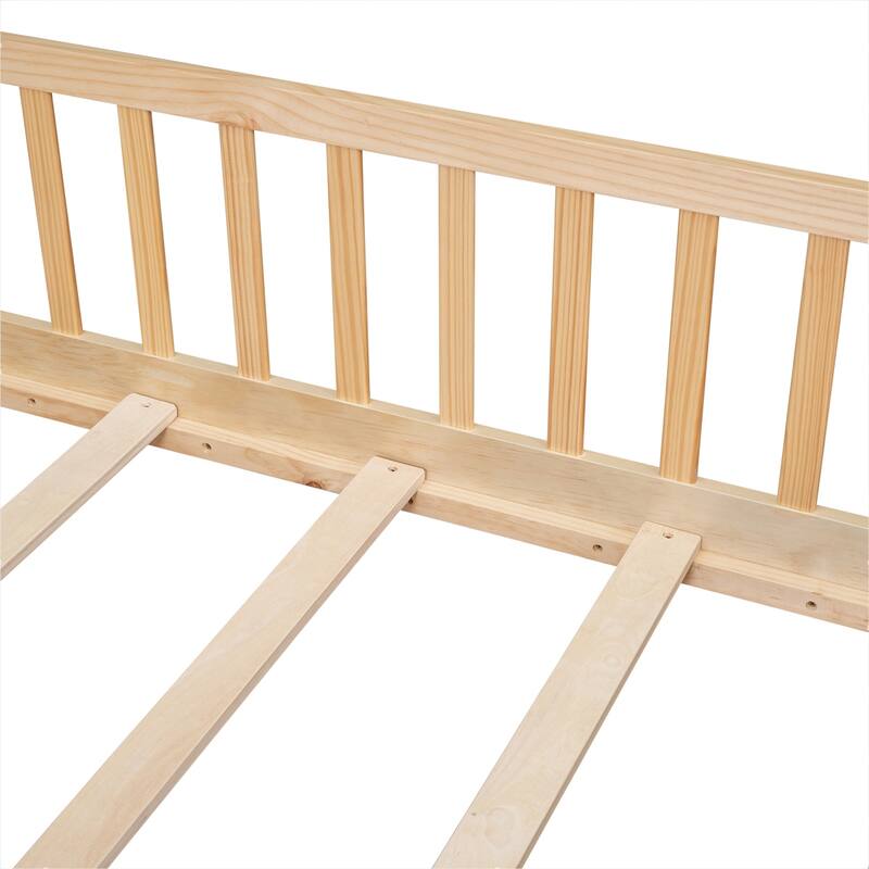 Full size Floor Platform Bed with Fence and Door for kids, toddlers