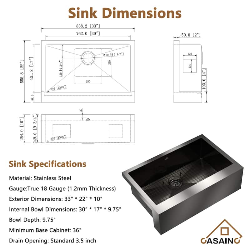 Handmade Stainless Steel 18-Gauge Single Bowl Farmhouse Apron Kitchen Sink in Nano PVD with Bottom Grid and Basket Strainer
