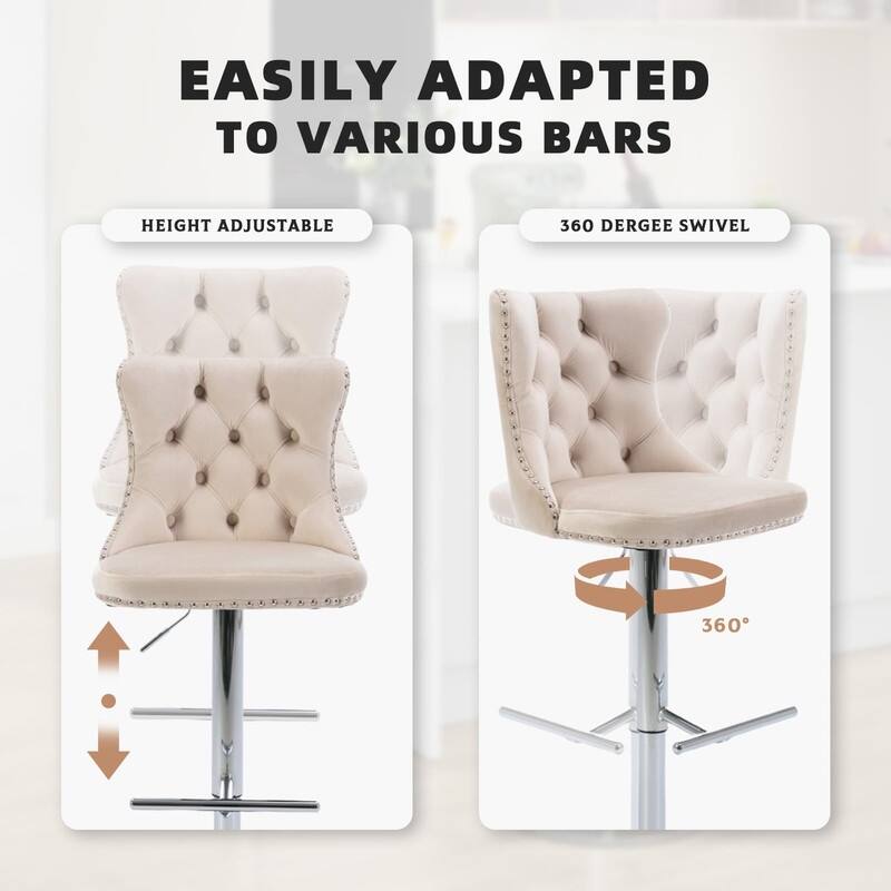 Velvet Upholstered Nailheads Tufted Swivel Bar Stools (Set of 2)