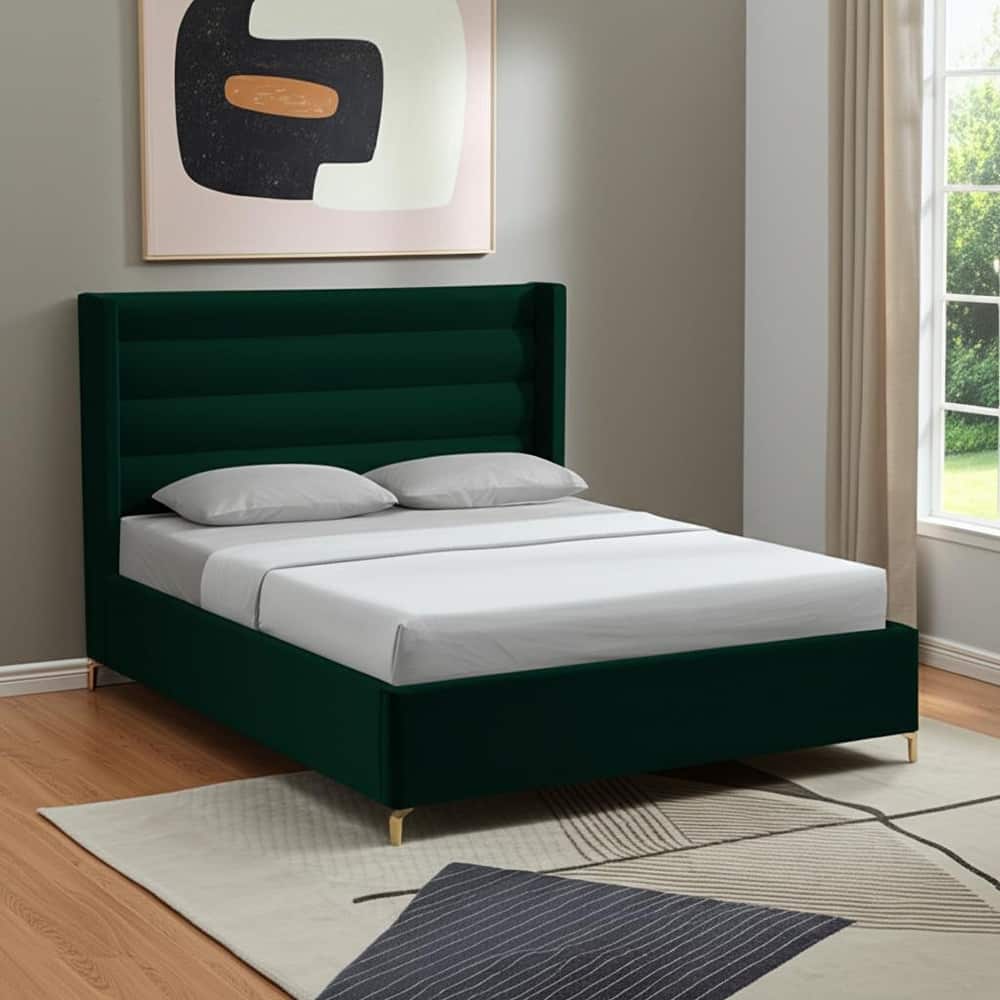 HomeRoots Green Velvet Upholstered Full Bed Frame