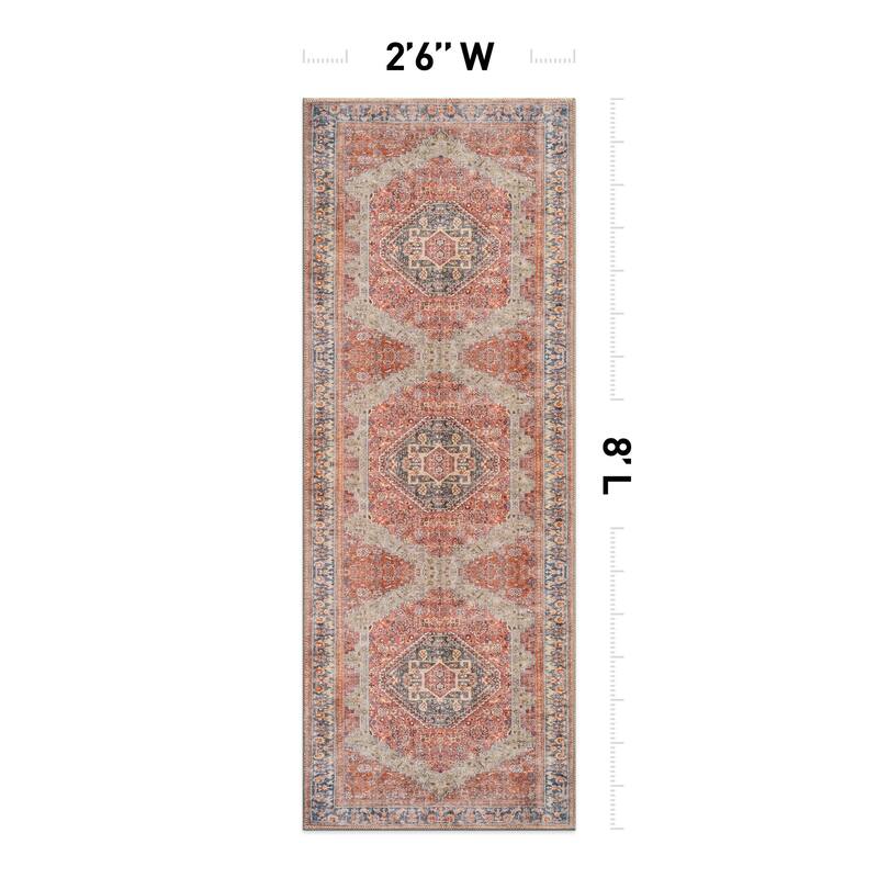 Beige Medallion Flat Pile Washable Rug - Pet Friendly, Non-Slip for Entryway and Bedroom