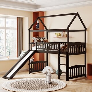 Twin Size Loft Bed with Slide, House-shaped Bed with Ladder, Pine Wooden Bed with Guardrails for Bedroom, Brown