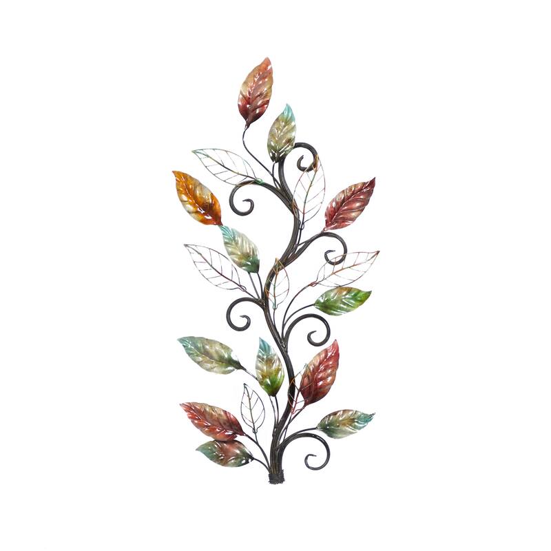 Multi Colored Metal Leaf Home Wall Decor with Scrolled Vine and Wire Leaf Accents