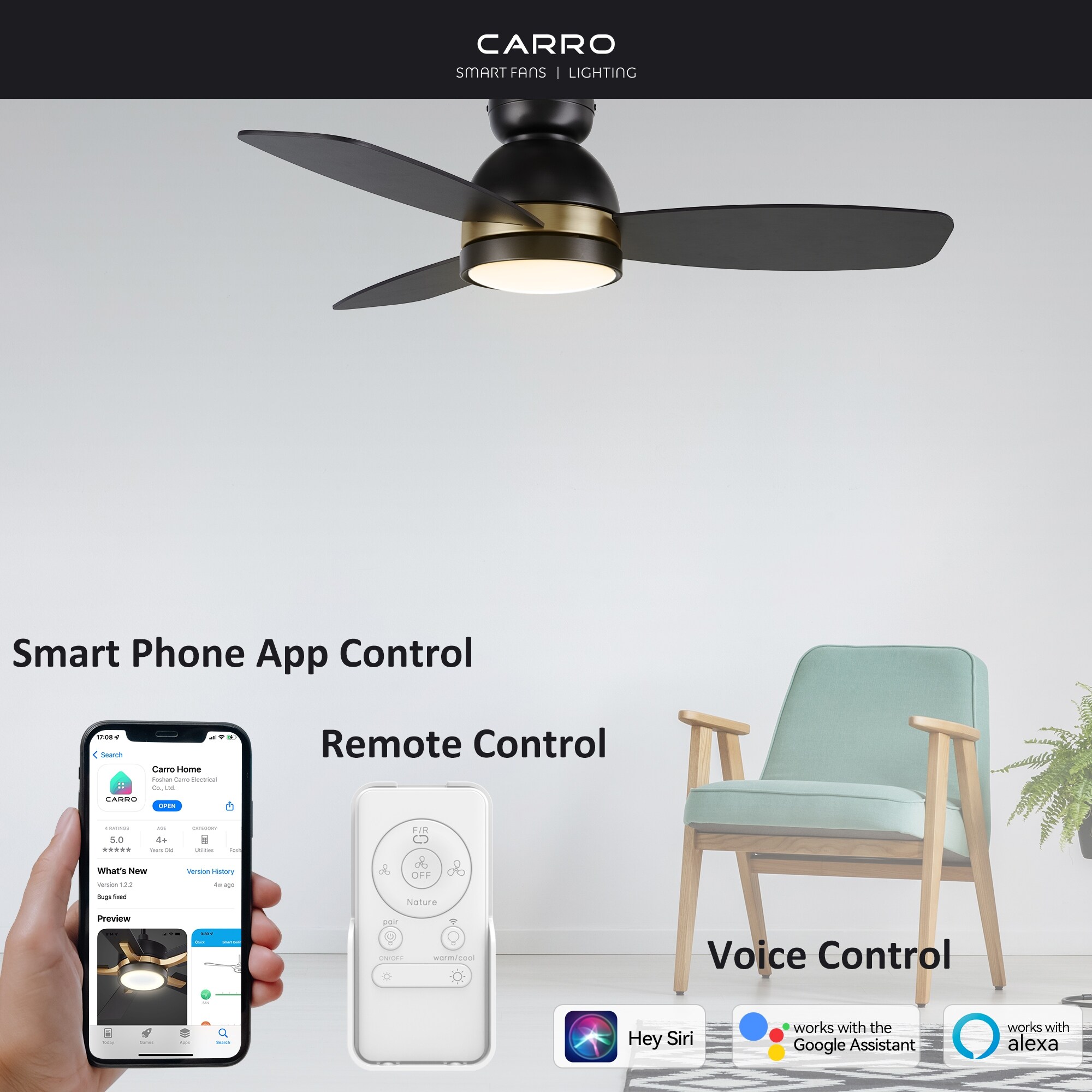 Quest 48-inch Indoor/Outdoor Smart Ceiling Fan, Dimmable LED Light Kit and Remote Control, Works with Alexa/Google Home/Siri